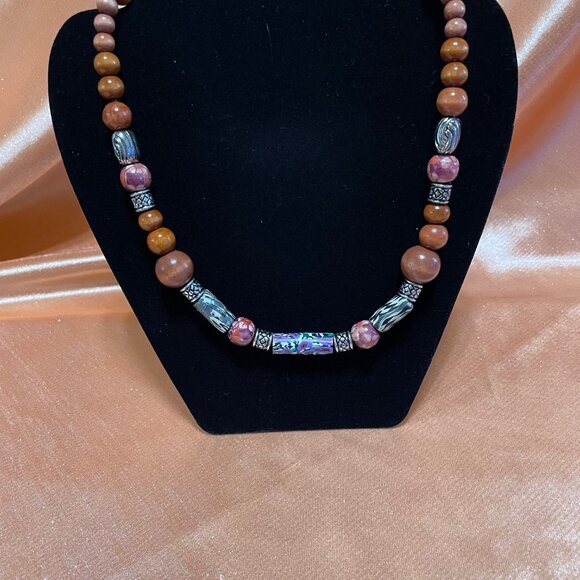 19" Handmade wooden beaded necklace with handmade Fimo beads. - Picture 3 of 3